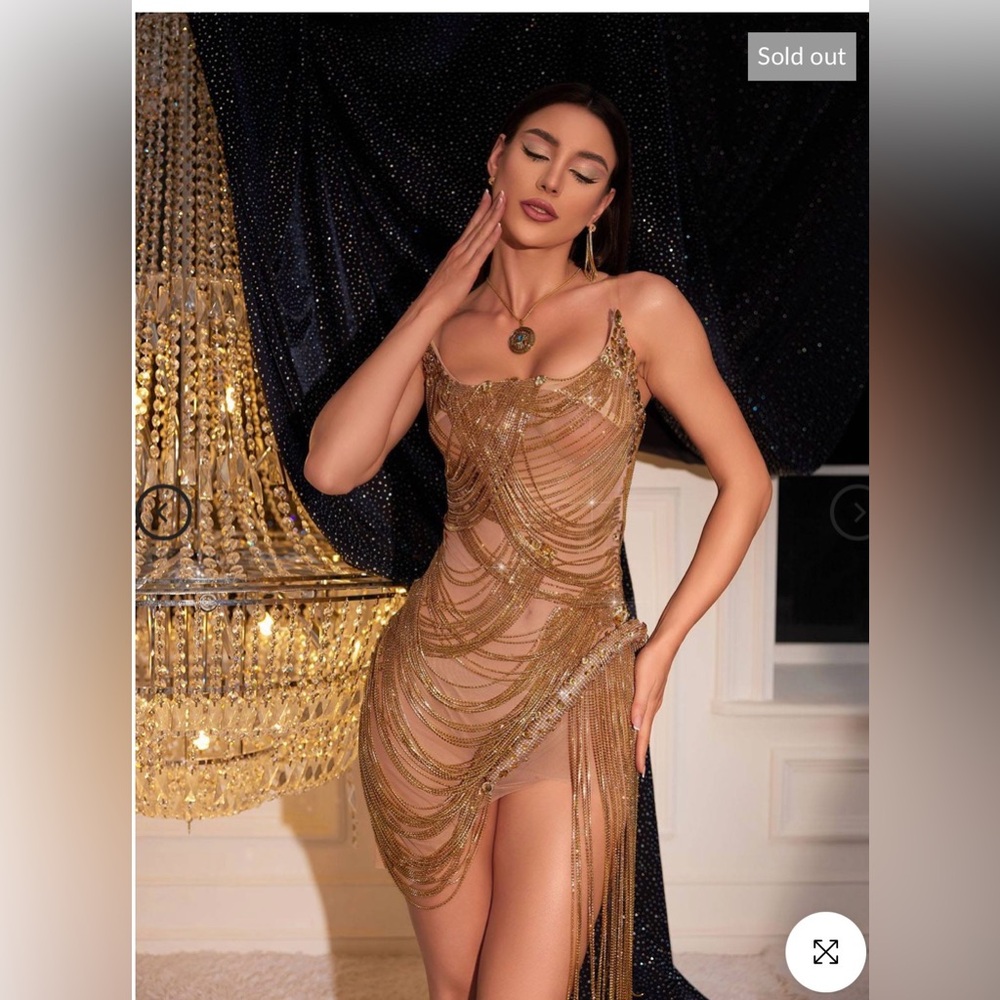 Mew Mews Verona Gold Chain Diamond Embellished Mini Dress NWT Mob Wife S